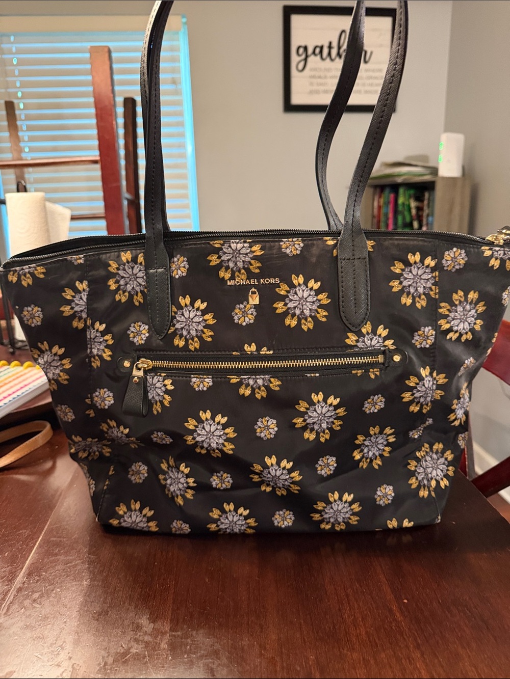 Michael Kors Black Floral Nylon Tote with Gold Accents